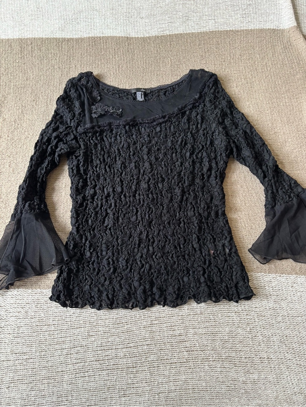 Black Textured Lace Bell-Sleeve Blouse